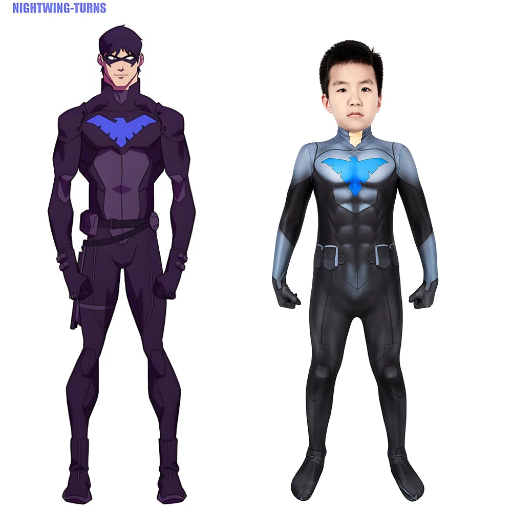 

Kids Superhero Titans Nightwing Cosplay Superhero 3D Printed Spandex Zentai Outfit Halloween Bodysuit & eye Mask Costume Boys