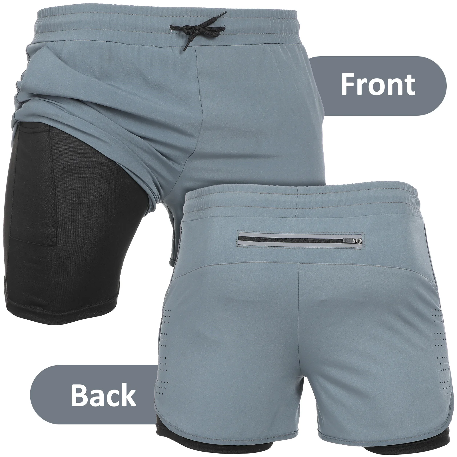 

2Pairs Men Quick Dry Running Shorts Sweat Workout Drawstring Waist Zipper Pocket Shorts with Integrated Liner