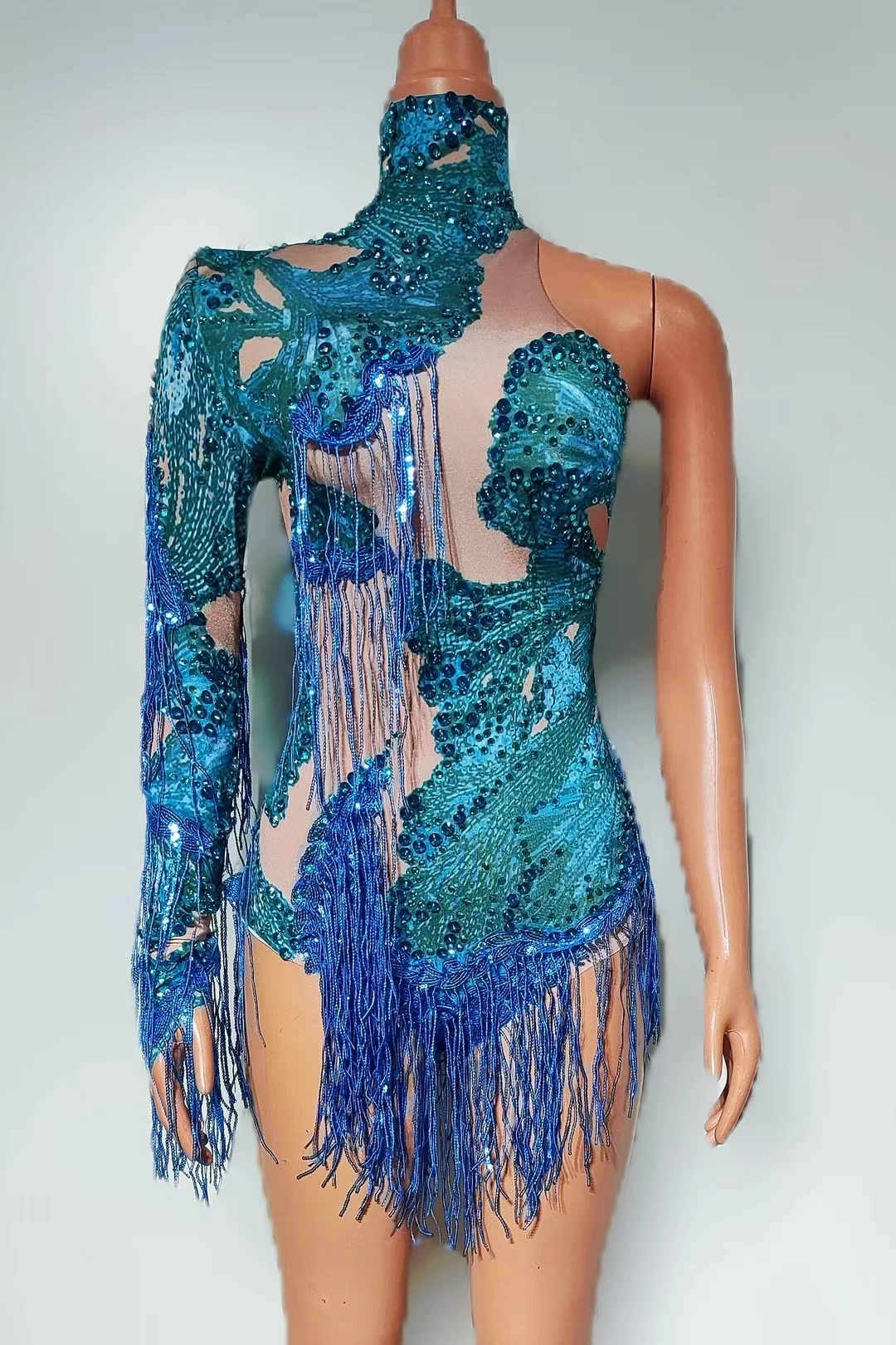 سباركلي حجر الراين الترتر شرابة كم واحد ارتداءها النساء الرقص مرحلة الأداء حفلة ارتداء بار مثير النساء الزي duxiu