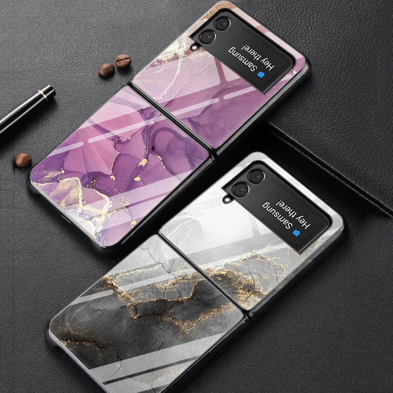 Z Flip 4 Funda Case for Samsung Galaxy Z Flip 4 Z Flip 3 2 1 Gilt Marble Pattern Hard Tempered Glass Coque Phone Case Cover