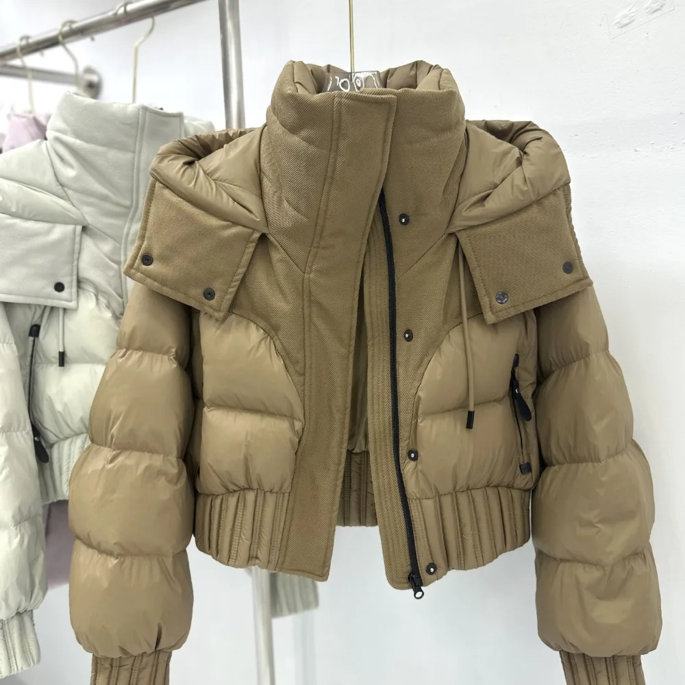 Light Down Jacket Black White Warm Short White Down Coat Thick Women Long Sleeve Feather Hooded Outfit Waist Puffer Jacket Lady