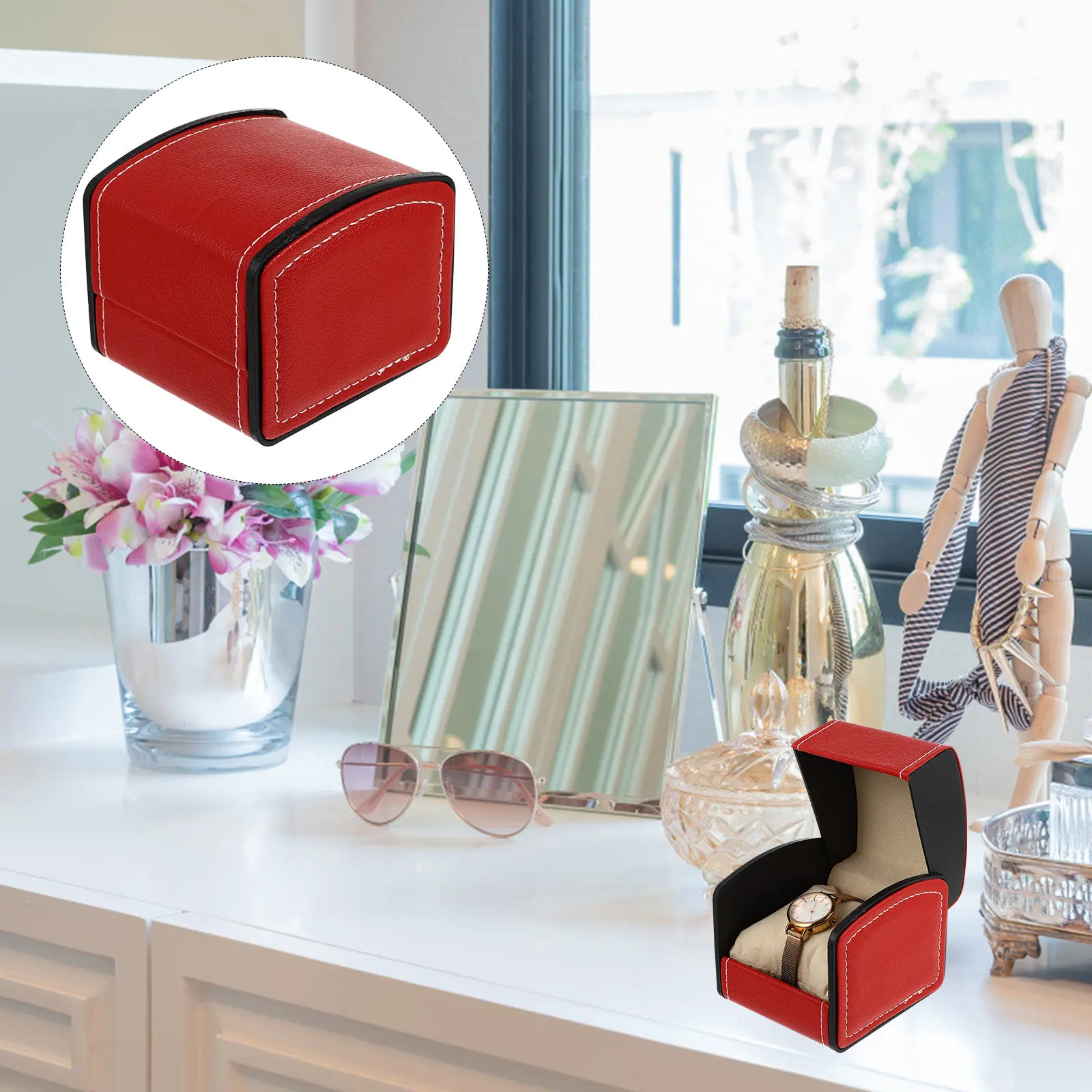 Premium PU Square Watch Box Jewelry Case for 1 Watch with Removable Cushion Travel Gift Packaging Organizer Red