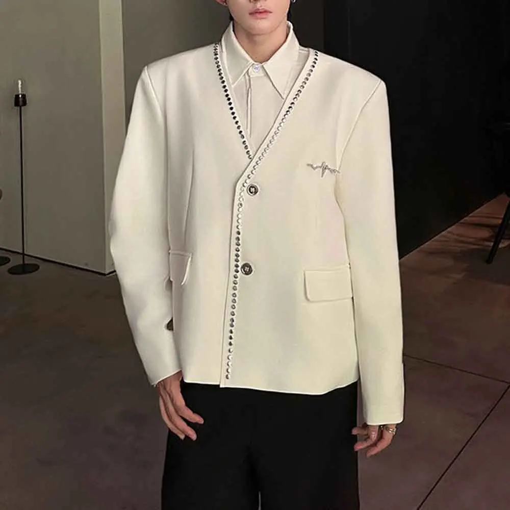 

Mens Autumn Jacket Rivets Deep V-Neck Casual Suit Jacket Fashion British Elegant Plain Ballroom Top Men'S Clothing 2025 New