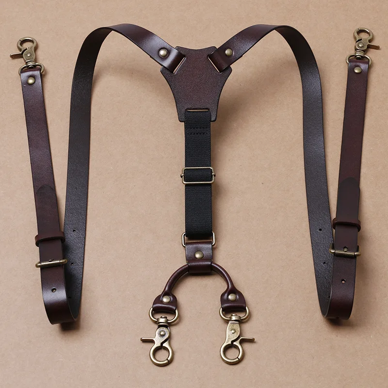 140*2CM Leather Adults Suspenders 4-Hook Elasticity Men\'s Suspender Retro Suspenders Man For Pants Harness Man Wedding Braces