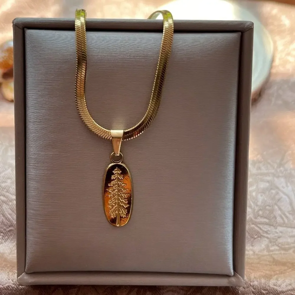 Christmas Tree Oval Pendant Necklace Stainless Steel Gold Color Blade Chain Choker for Women Girls Jewelry XMAS Gift Wholesale
