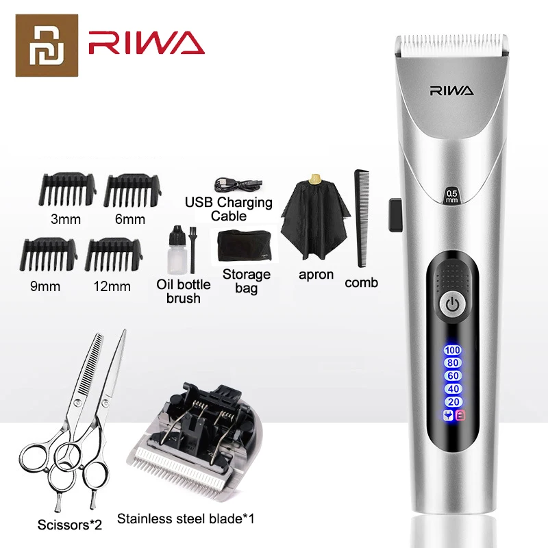 RIWA קוצץ שיער מקצועי חשמלי לגברים עם מסך LED רחיץ נטענת לגברים ראש פלדה חזק