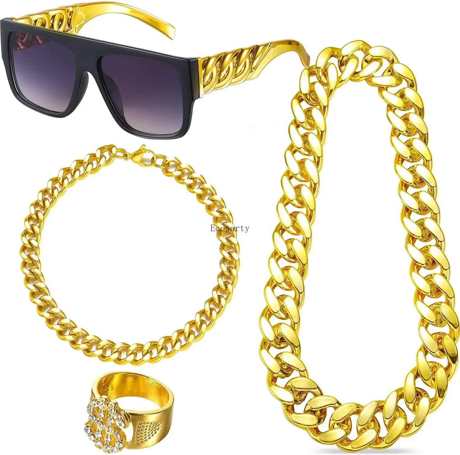 Jaren 90 Kostuumoutfit: Jaren 90 Hiphop 80S 90S Kostuums Voor Mannen Vrouwen 90S Outfit Voor Mannen Nep Gouden Ketting 80S Accessoires Ecoparty