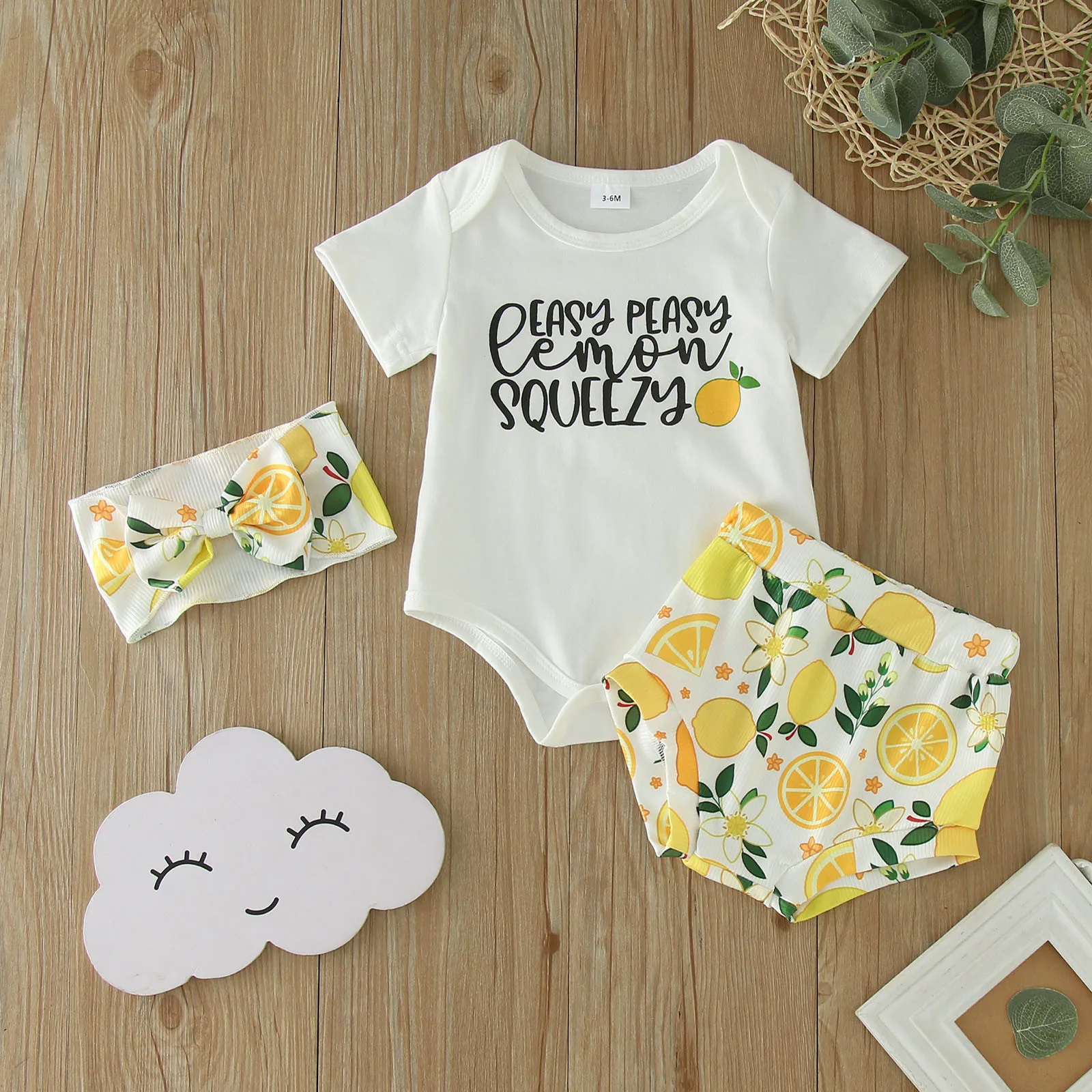 0-18M Newborn Baby Girls Summer Outfits Letter Lemon Prints Short Sleeve Romper Bodysuit Tops Shorts Headbands 3PCS Outfits Set