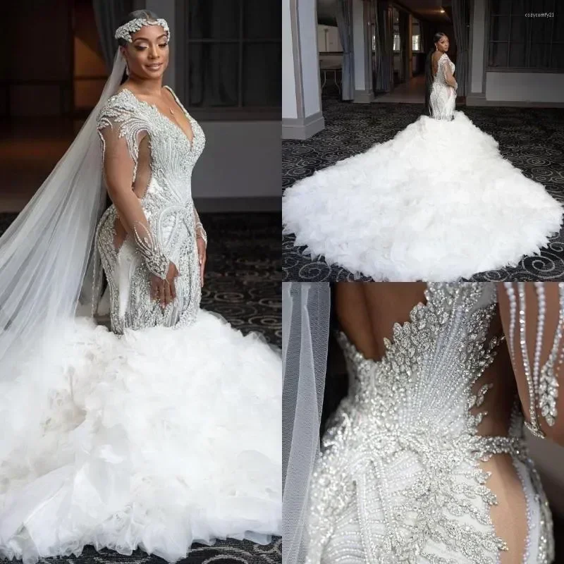 Customized Mermaid Wedding Dresses Bridal Gown Beaded Crystals Long Sleeves Ruffles Deep V Neck Chapel Train Vestido