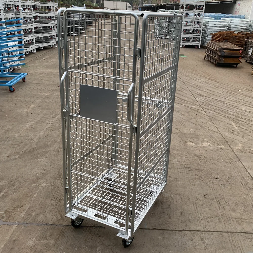 Galvanized Steel Powder Coated Logistics Cage Storage Cart Door Roller Folding Design 5-inch Wheels Warehouse