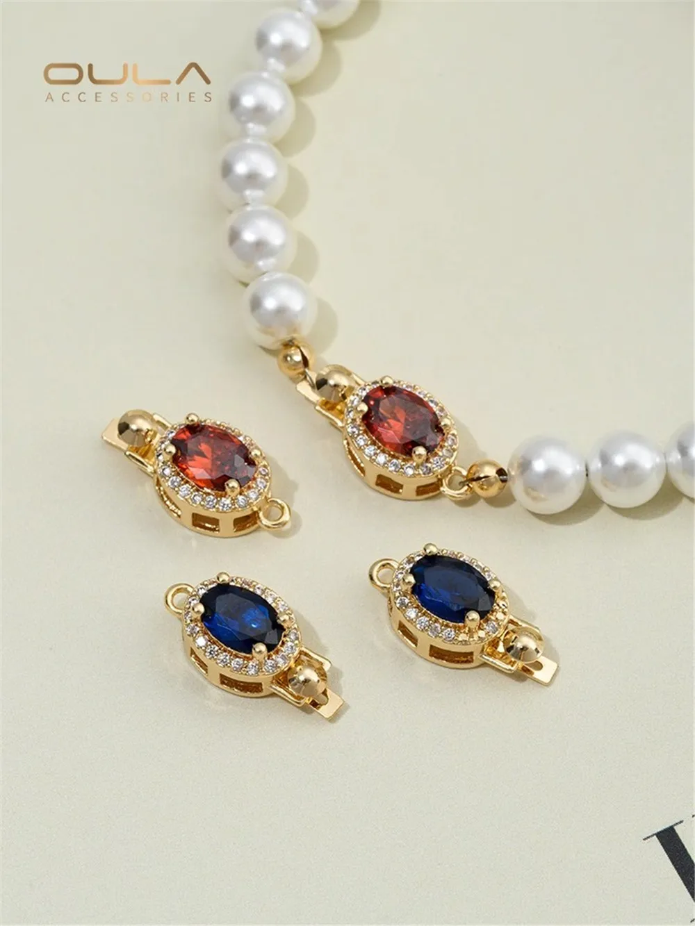 

14K Gold-Filled Plated Inlaid with Red Blue Zircon Pearl Buckle Oval Egg Buckle Diy Bracelet Necklace Jewelry Buckle