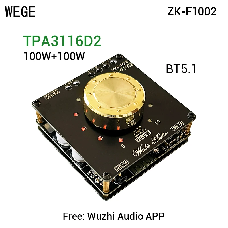 WEGE ZK-F1002 100Wx2 TPA3116D2 2.0 Channel Stereo BT5.1 Audio Power Amplifier Board Digital AMP Wuzhi Audio APP AUX USB Musicic