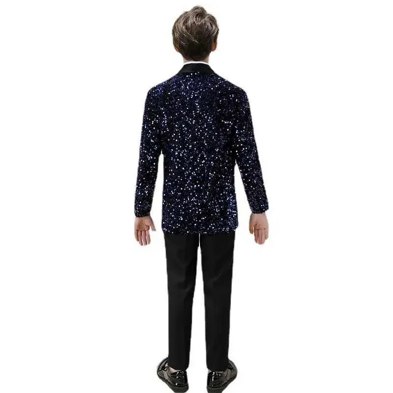Boys Navy Blue Sequin Embellished Shawl Lapel Three-Piece Formal Suit Set, Long Sleeve Sequin Blazer with Black Vest