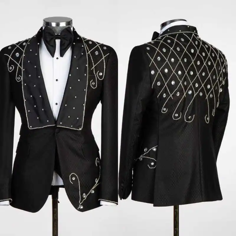 

Modern Men's Suits 2 Piece Blazer Pant Crystal Beading Shawl Lapel Formal Occasions Wedding Party Customized Ropa Hombre