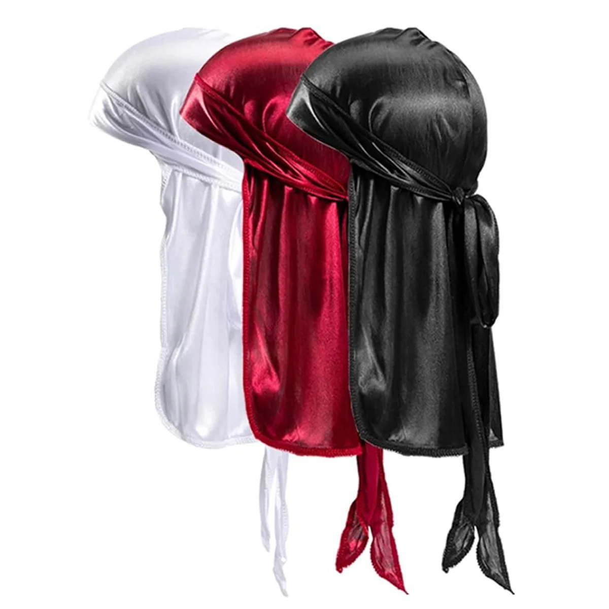 Men's Silky Turban Head Wrap Hat Wig Men Women Satin Couple Biker Headwear Headband Hair Accessories Extra Long Tail ,Pirate Hat