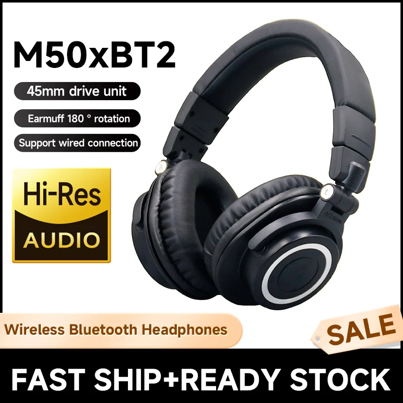 Headset Bluetooth nirkabel Over-Ear ATH-M50xBT2 dengan mikrofon untuk perjalanan, DJ, kinerja langsung, panggilan suara Gaming