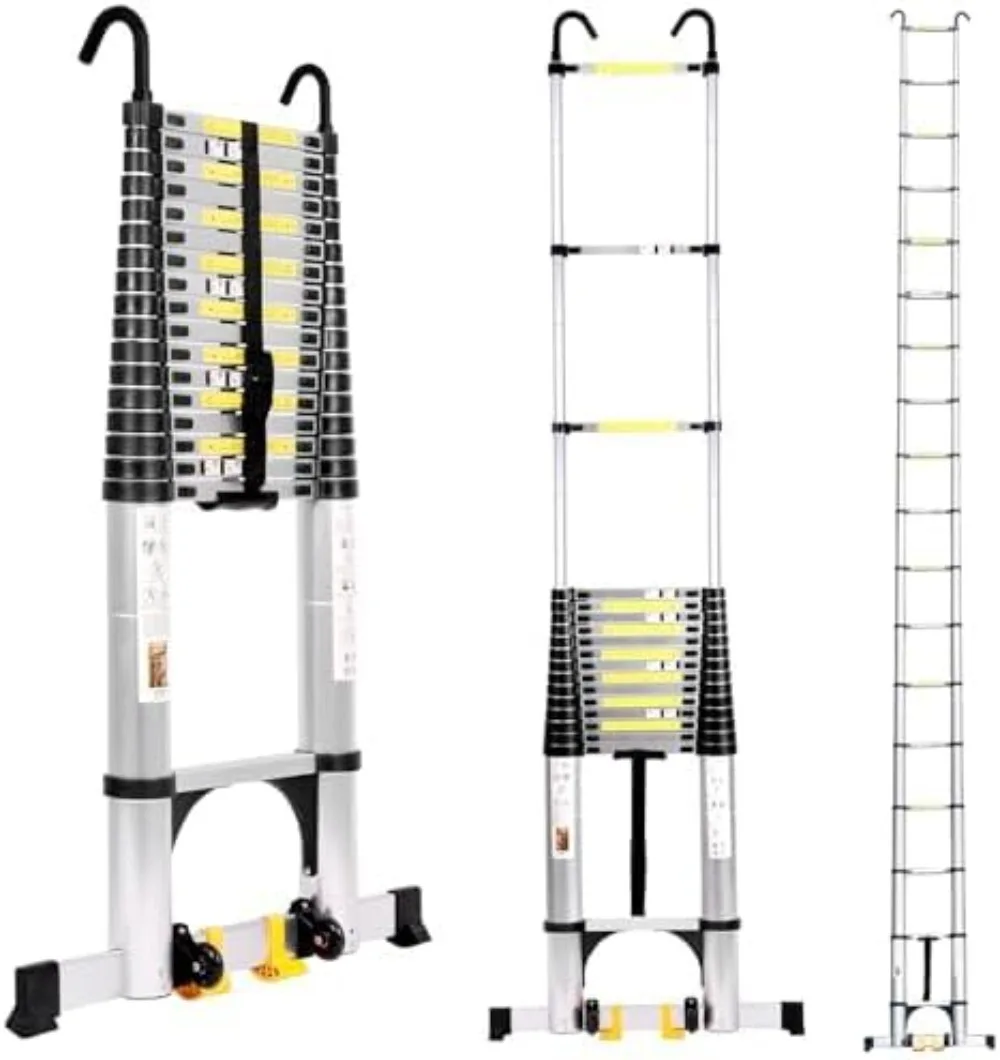 26.2FT Telescoping Ladder, Aluminum Extension Ladder w/Triangle Stabilizers & Detachable Hooks, 330lbs Capacity Retractable