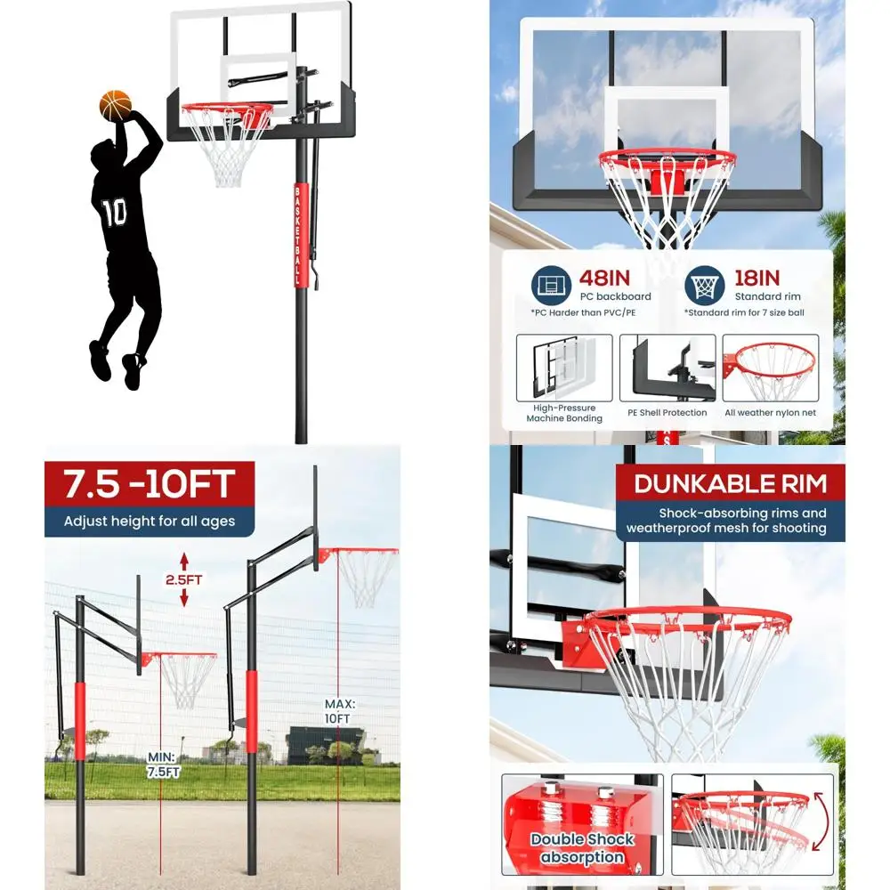 Sistema de gol de basquete ajustável de 10 pés com manivela, placa traseira inquebrável inground externa 45-54 polegadas, ideal para cou residencial