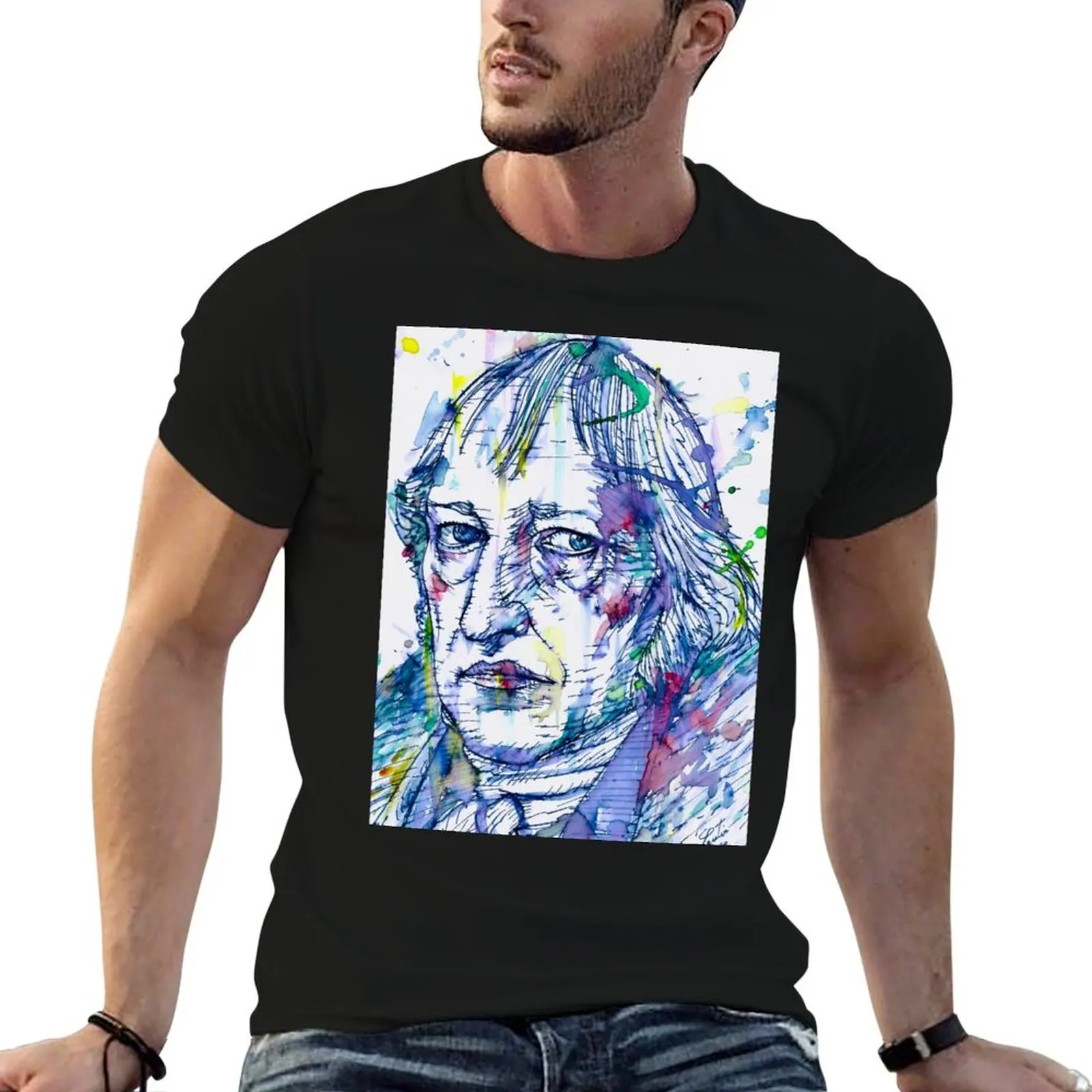 Camiseta HEGEL con retrato en acuarela y tinta, camisetas gráficas para hombre, camisetas de diseñador para hombre, camiseta