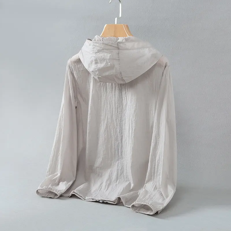 2024 New Summer Thin Breathable Ice Silk Sunscreen Clothing Simple Solid Color Casual Loose Hooded Long Sleeved Coat for Men