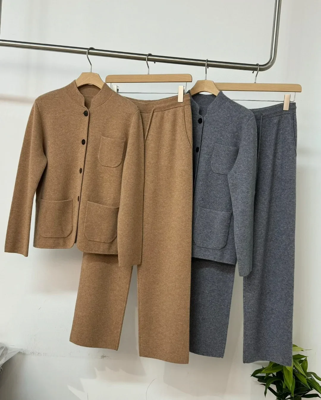 Women's Cashmere Knitted Pants Suit Stand Collar Single Breasted Long Sleeve Cardigan and Elastic Waist Straight Trousers