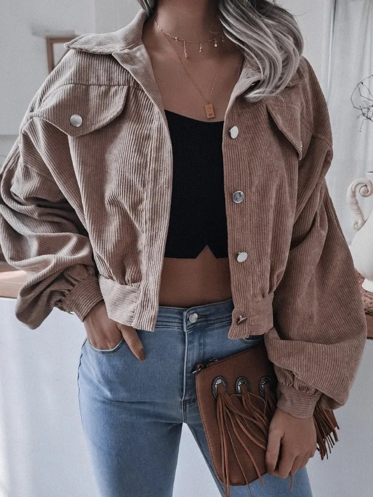 

Coat Jacket Women's Autumn Winter New Fashion Lantern Sleeve Short Jacket Casual Button Lapel Corduroy Comfortable Short Jacket