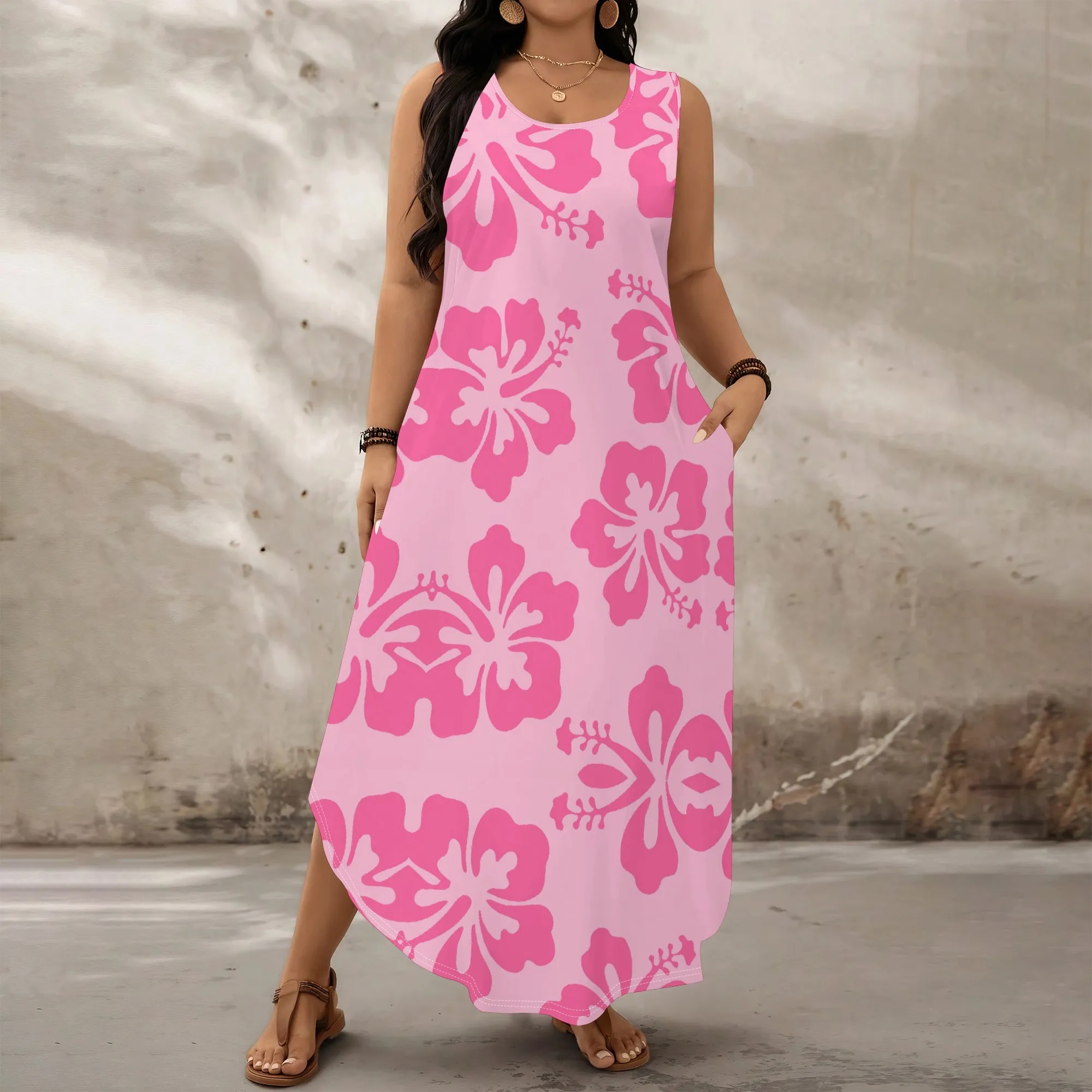 

Pink Floral Print Maxi Dress S-3XL Sleeveless Loose Fit with Pockets for Summer Casual, Beach Vacation or Garden Party
