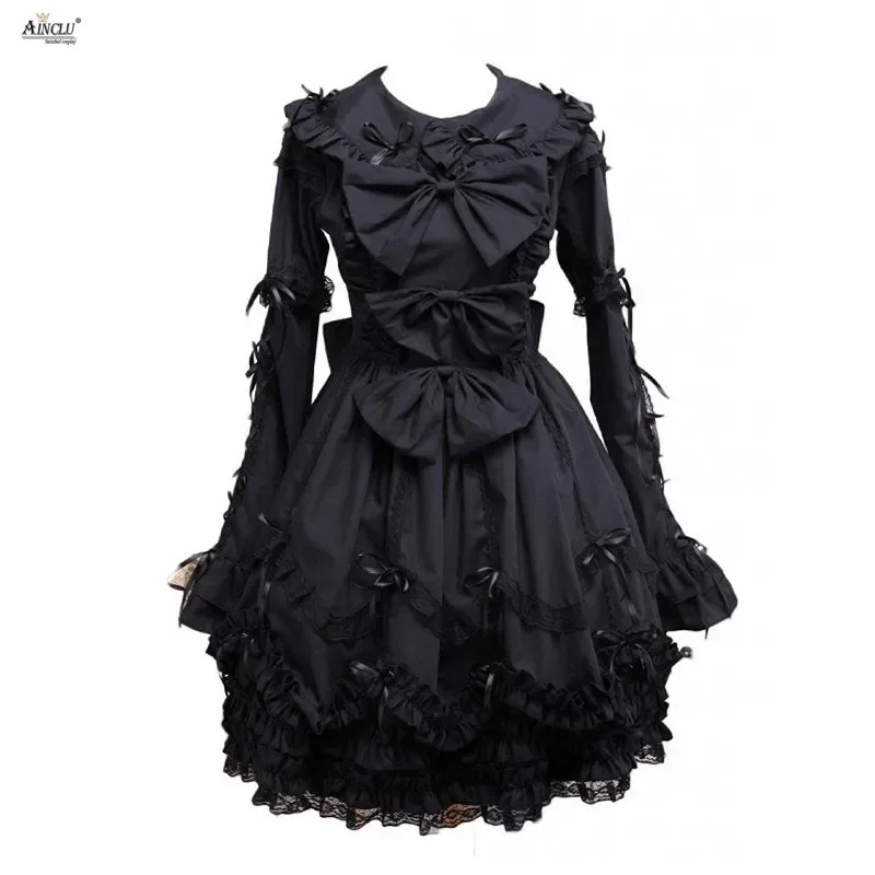 Lente/Herfst Middellange Jurk Ainclu XS-XXL Womens Party Zwarte Lange Mouwen Kraag Strikken Katoen Gothic Lolita Jurk