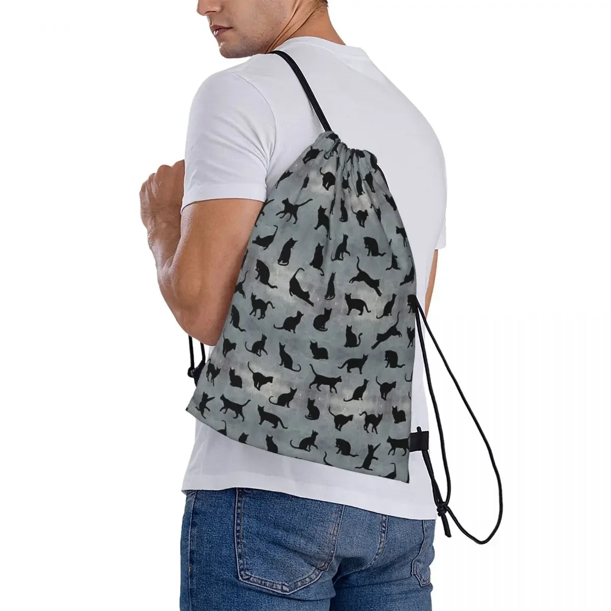 Casual portátil Drawstring sacos, gatos padrão mochilas, bolso do pacote, sapatos saco, bookbag para viagens, estudantes