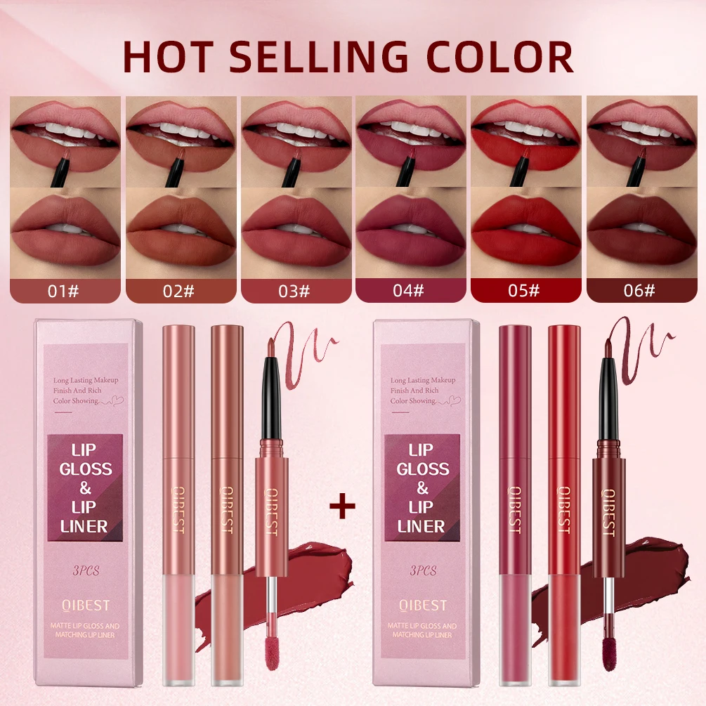 3 Colors Double-end Lipgloss Lipliner 2 In1 Lip Makeup Sets Waterproof Long-lasting Matte Nude Red Lip Pencil Lipliner Lipstick