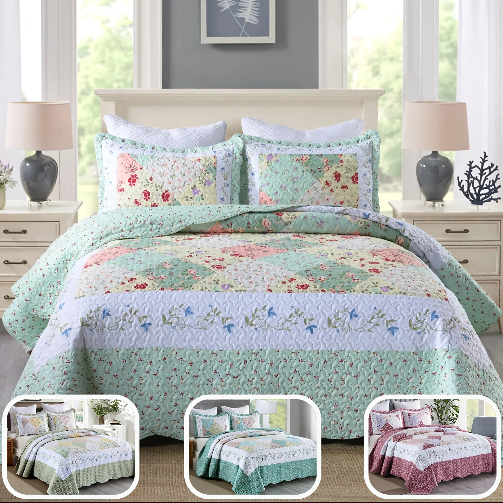 

3pcs Queen/King Floral Patchwork Quilt Bedspread & Coverlet with Pillow Shams - Soft Polyester Bedding Suitable for All-Season C