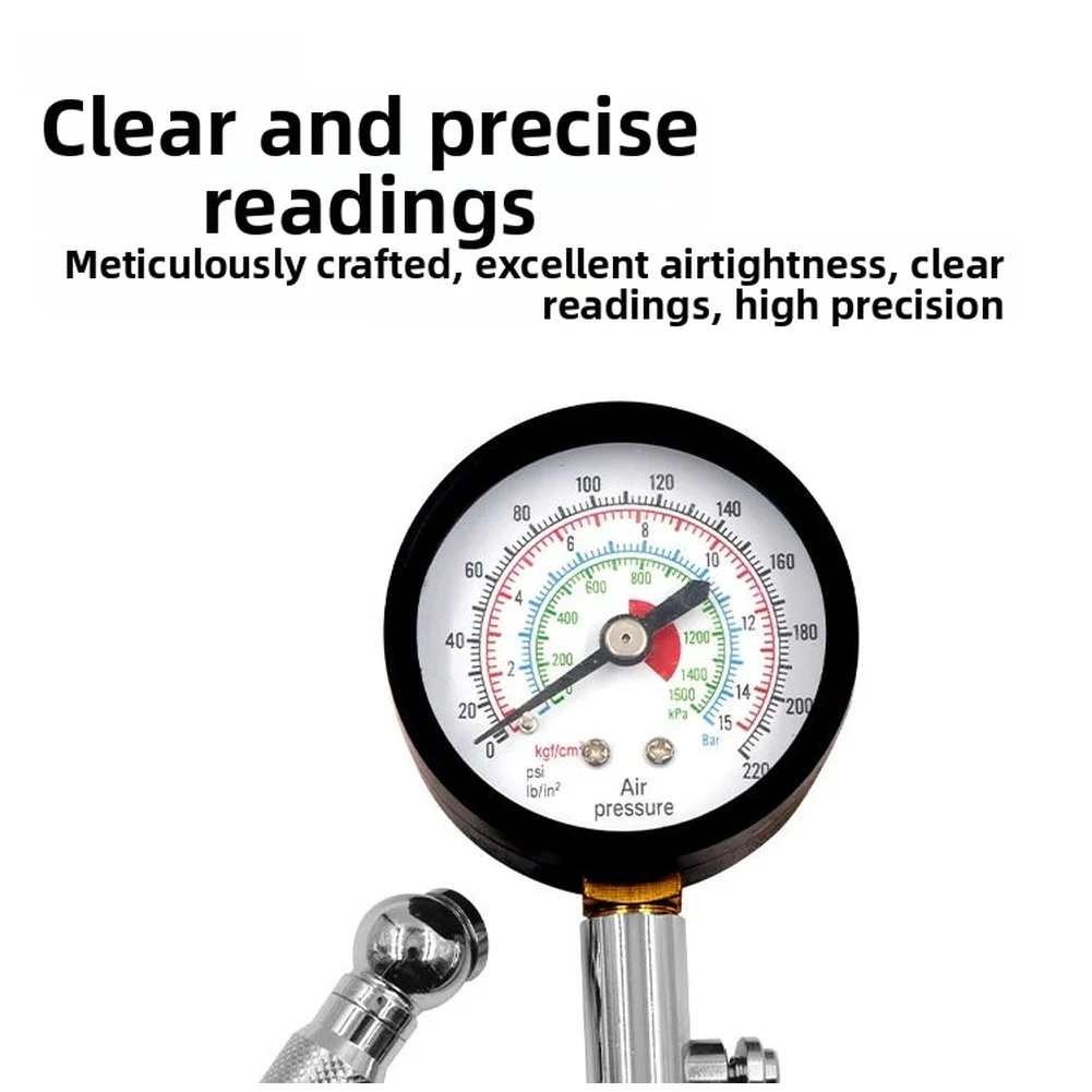 

Манометр для измерения давления в шинах автомобилей, мотоциклов, велосипедов и грузовиков, металлическая конструкция с клапаном для выпуска воздуха и гибким шлангом