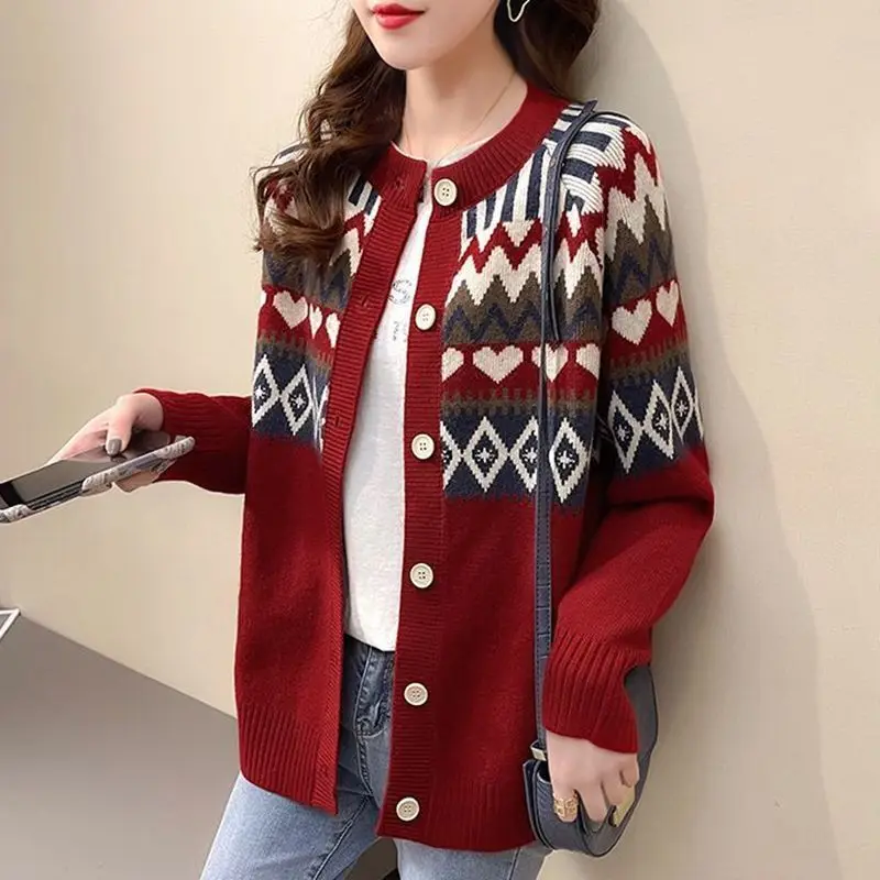 Love Jacquard Long Sleeve Knitting Cardigan Coat Women Autumn Loose O-neck Sweater Office Lady All-match Fashion Knitting Tops