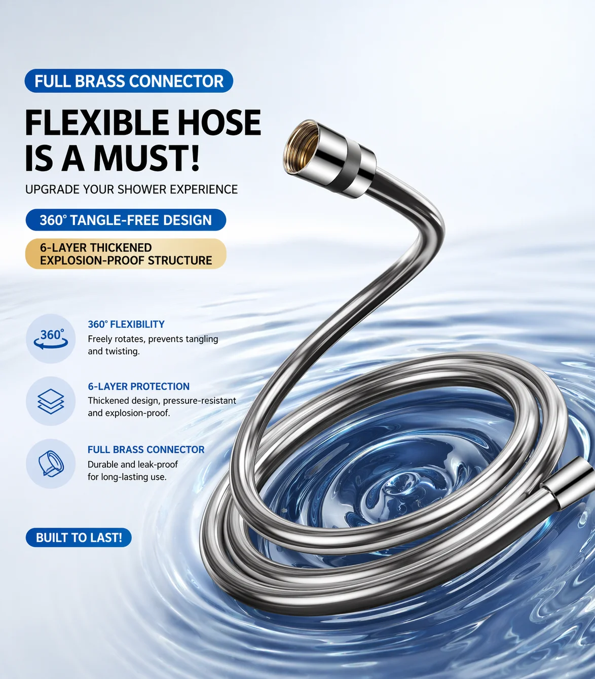 

PVC Shower Hose G1/2 360° Swivel Anti Tangle Anti Burst Flexible Bath Pipe Matte Black Gold Titanium