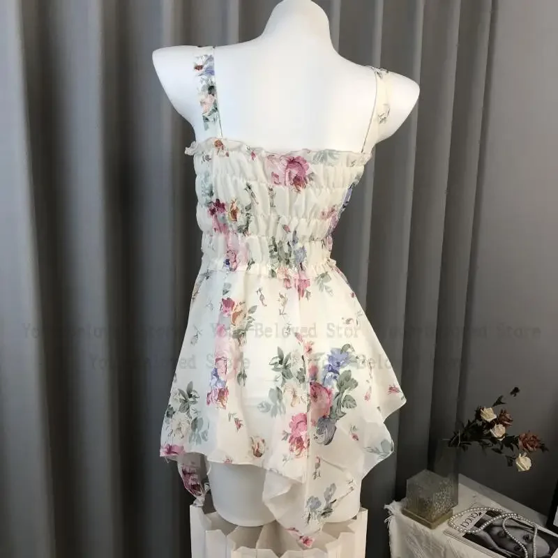 

2025 New Flower Nightgown Chiffon Strap Temptation Sleepwear Sexy Elastic Waist Irregular Sweet Girl Perspective Dresses