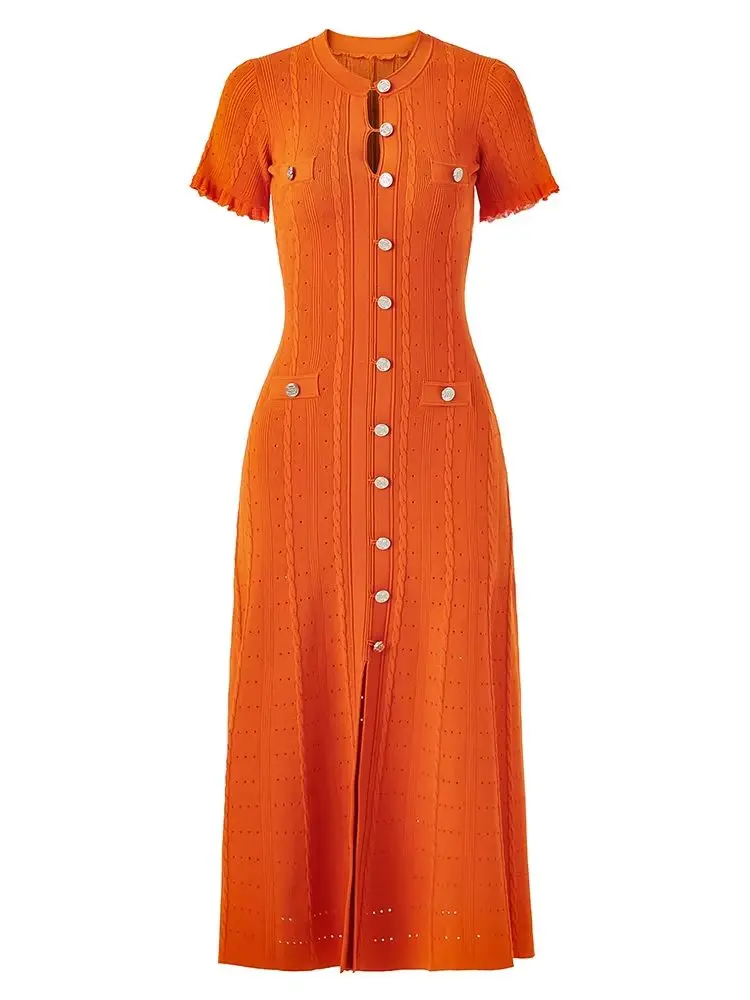 Zomerse elegante dames gebreide enkelknoops lange jurken, effen, korte mouwen, O-hals, knoop, bodycon, feestjurk, damesjurken - afbeelding 2