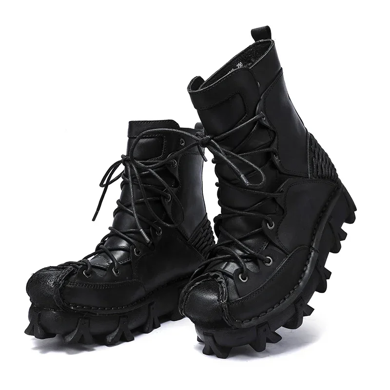 Men's Motorcycle Boots Thick Heel Real Leather Tactical Boots,Mid-calf Skull Goth Male Round Toe Cowboy Western Riding Boots