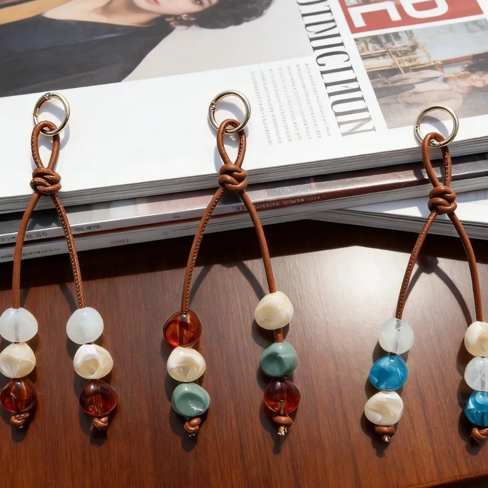 Boho PU Rope Resin Beaded Keychain Lightweight Cord Braided Keyring Natural Texture Flat Key Pendant Daily Use