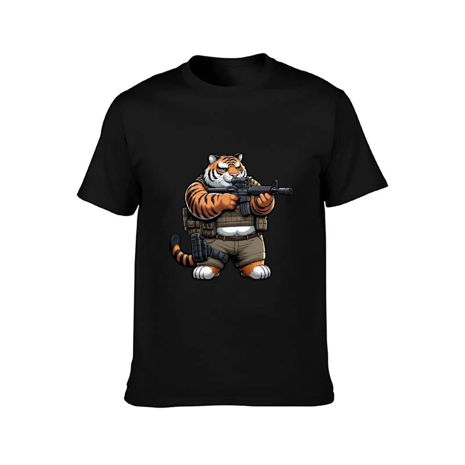 Tactical Tiger T-Shirt, Summer Casual Cotton Tee, Oversized Streetwear Tops, Vintage Graphic Print, Loose Fit Short Sleeve