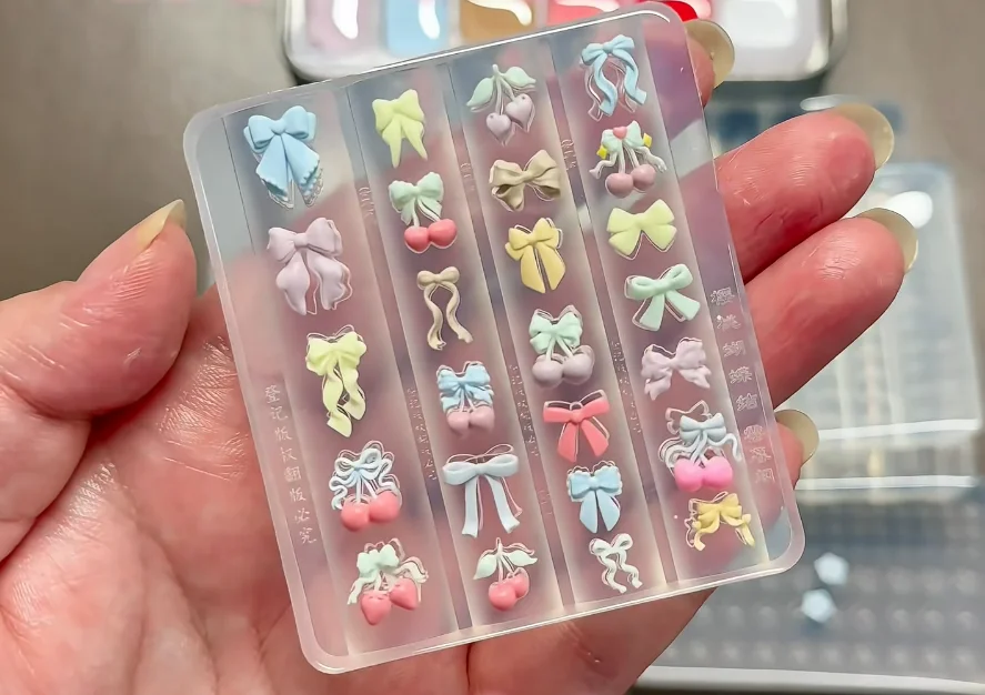 Cherry bow-shaped embossed bow silicone nail art mold Manicure Decorations Transparent Silicone Mold for Nail Art—Box packaging