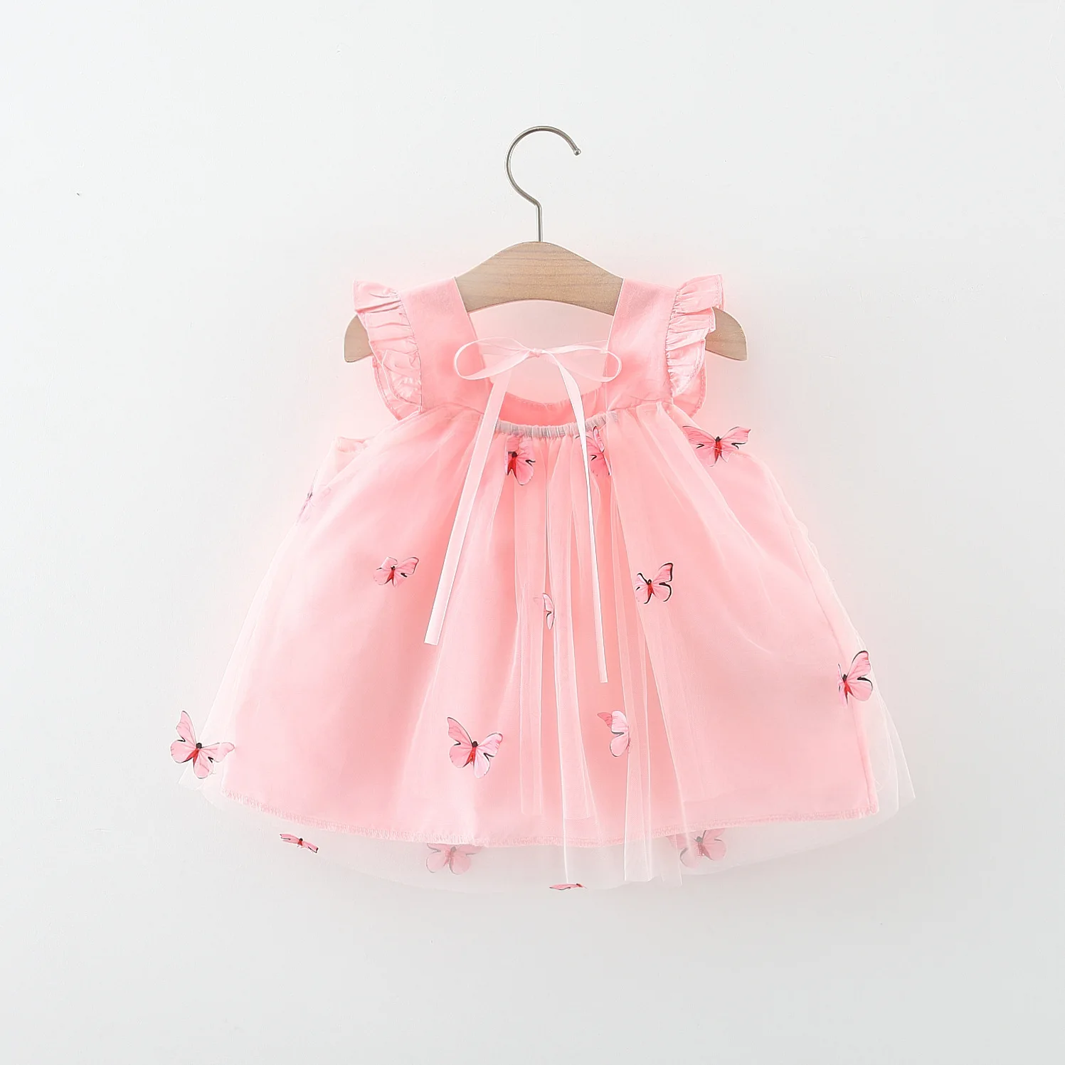 Summer New Dress Sweet Solid Color Flying Sleeves Mesh Butterfly Princess Dress Party Dress Suitable for 0-3 Year Old Babies