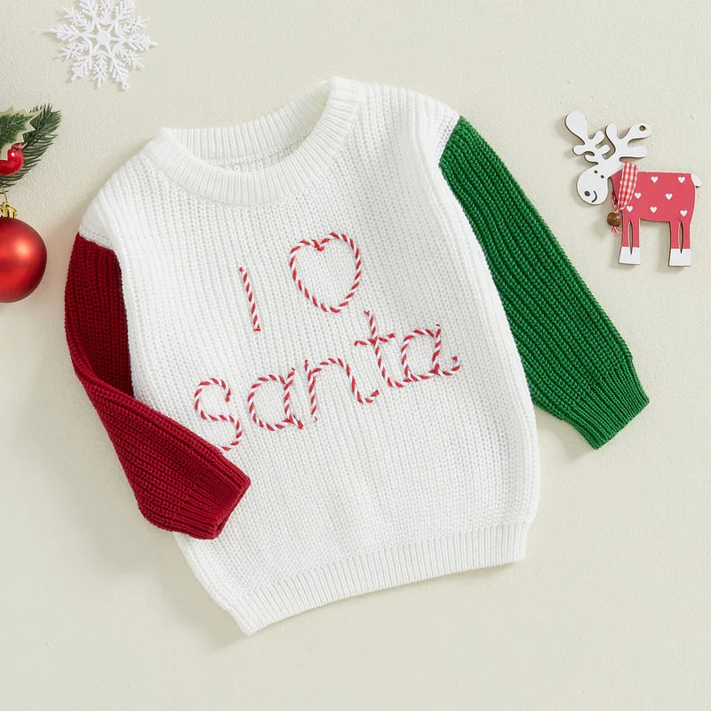 

RUEWEY 0 to 3 Years Baby Christmas Sweater Contrast Color Long Sleeve Crew Neck Letters Warm Knit Pullover Winter Tops