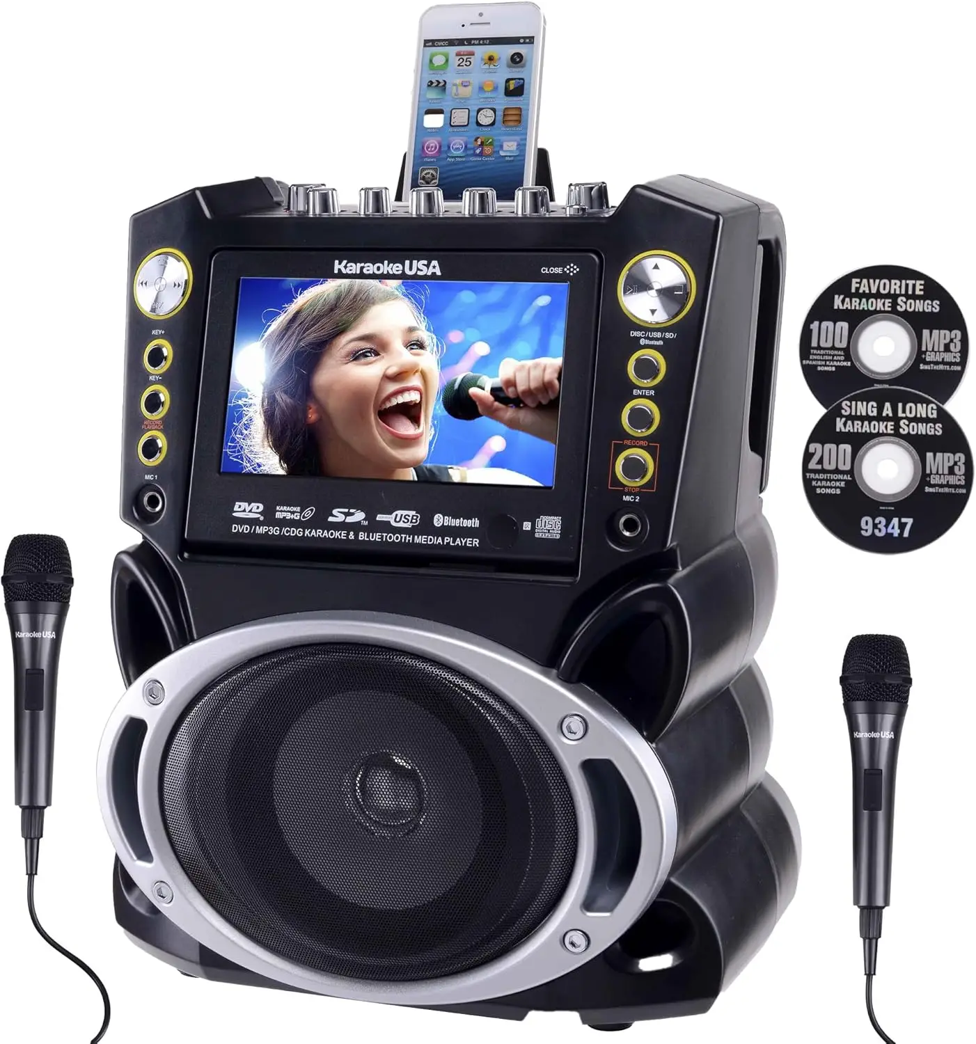 

Bluetooth Karaoke Machine with 7" Screen, 2 Mics, 300 Songs, USB/SD, Key Control