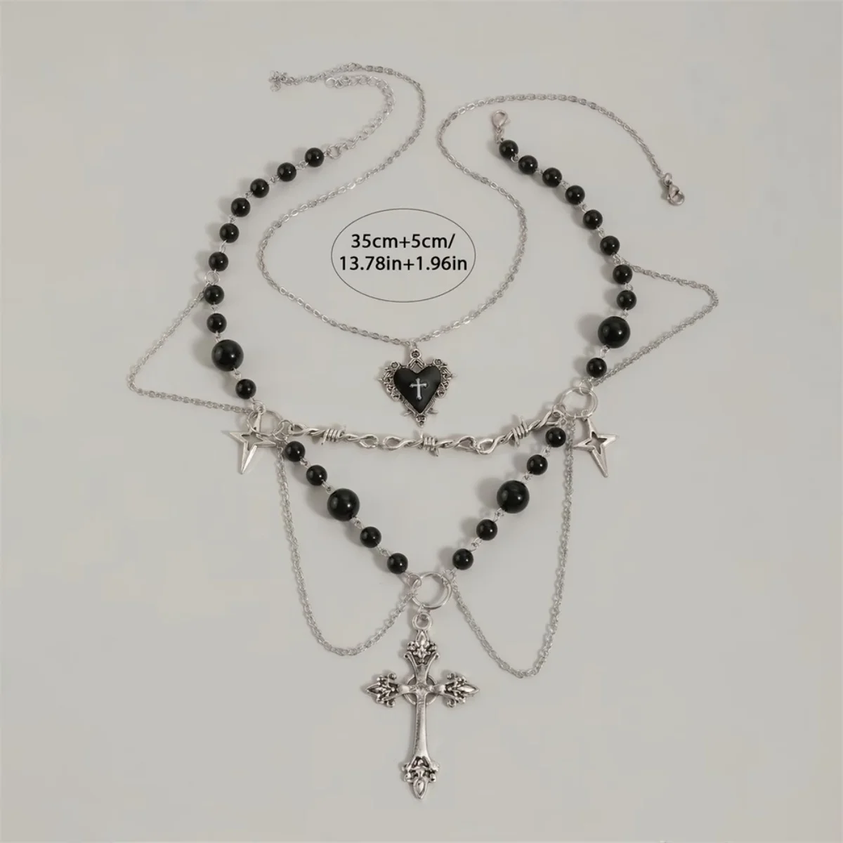 Dunkelschwarze Gothic-Spinnenkreuz-Anhänger-Mehrschichtige Halskette für Damen und Herren, Punk-Halloween-Herz-Fledermaus-Perlen-Choker, Cosplay-Schmuck – Detail 26