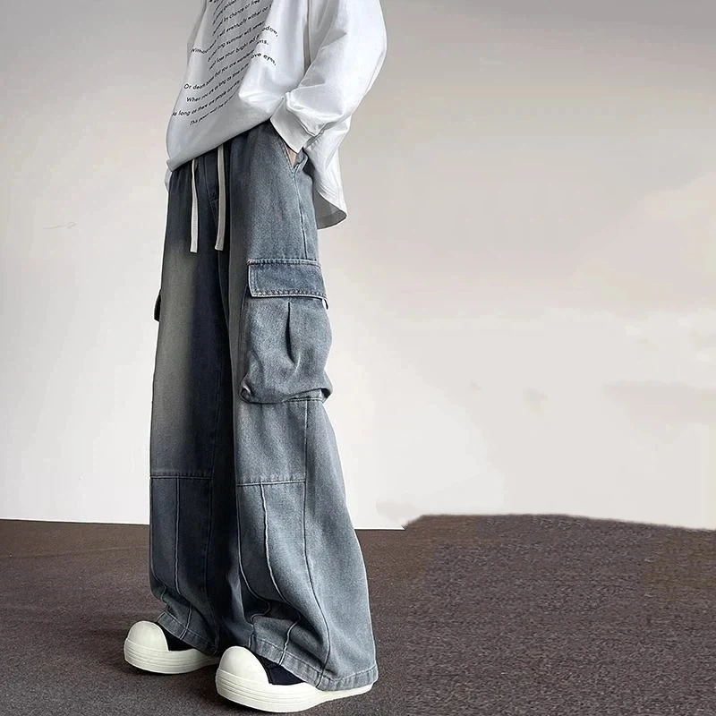 New Style Washed Retro Large Pocket Work Jeans Men Autumn Wide Leg Casual Long Pants