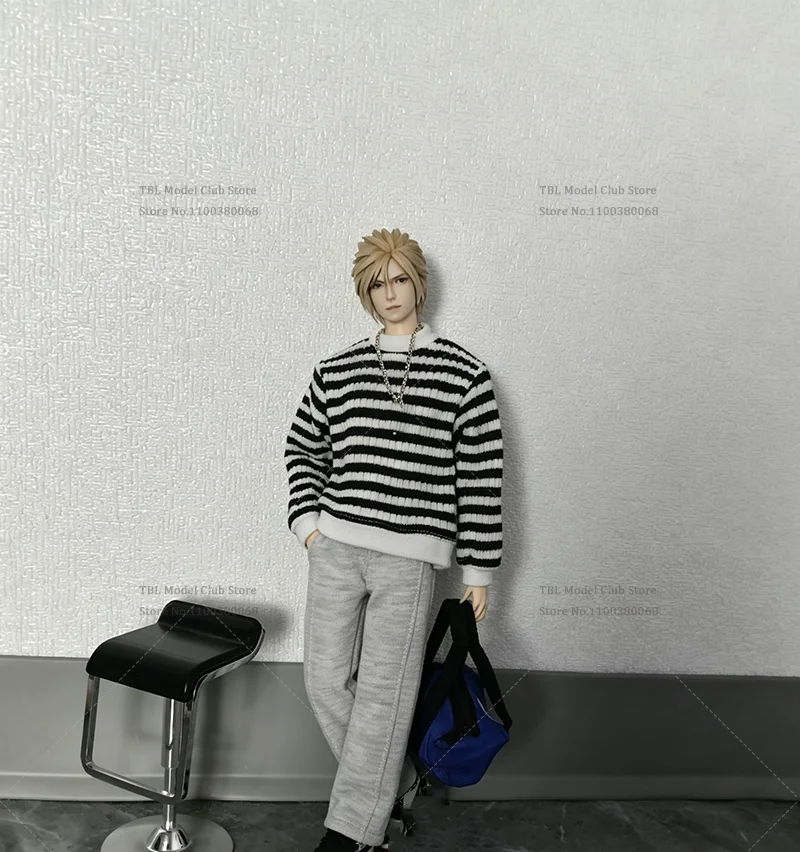 1/6 Scale Male Clothes Striped ‌Mock-neck Rib-trimmed H-line Sweatshirt Grey Wide-leg Trousers For 12-inch Action Figure Soldier