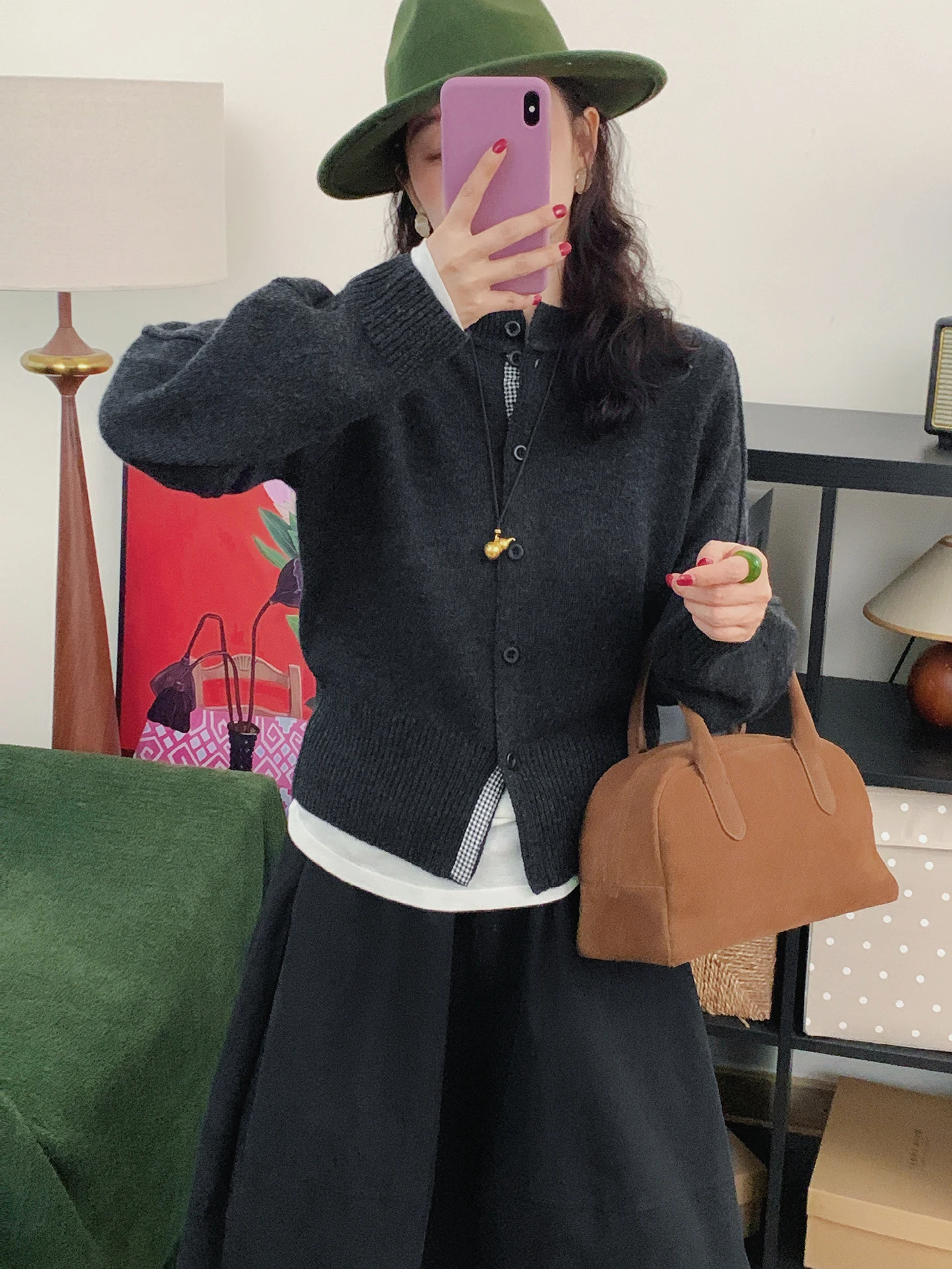 

Retro Woolen Knitted Cardigan Women's Full Wool Thiened Stand Collar Sweater Coat Plaid Pattern Ci Walk Suitable Outerwear