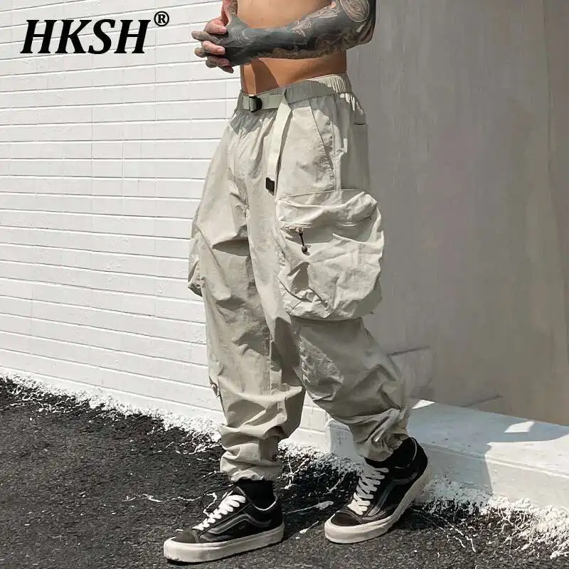 

HKSH Sprng Summer New Men Tide Original Trendy Drawstring Leg Tie Multiple Pockets Casual Cargo Pants Loose Quick Drying HK0932