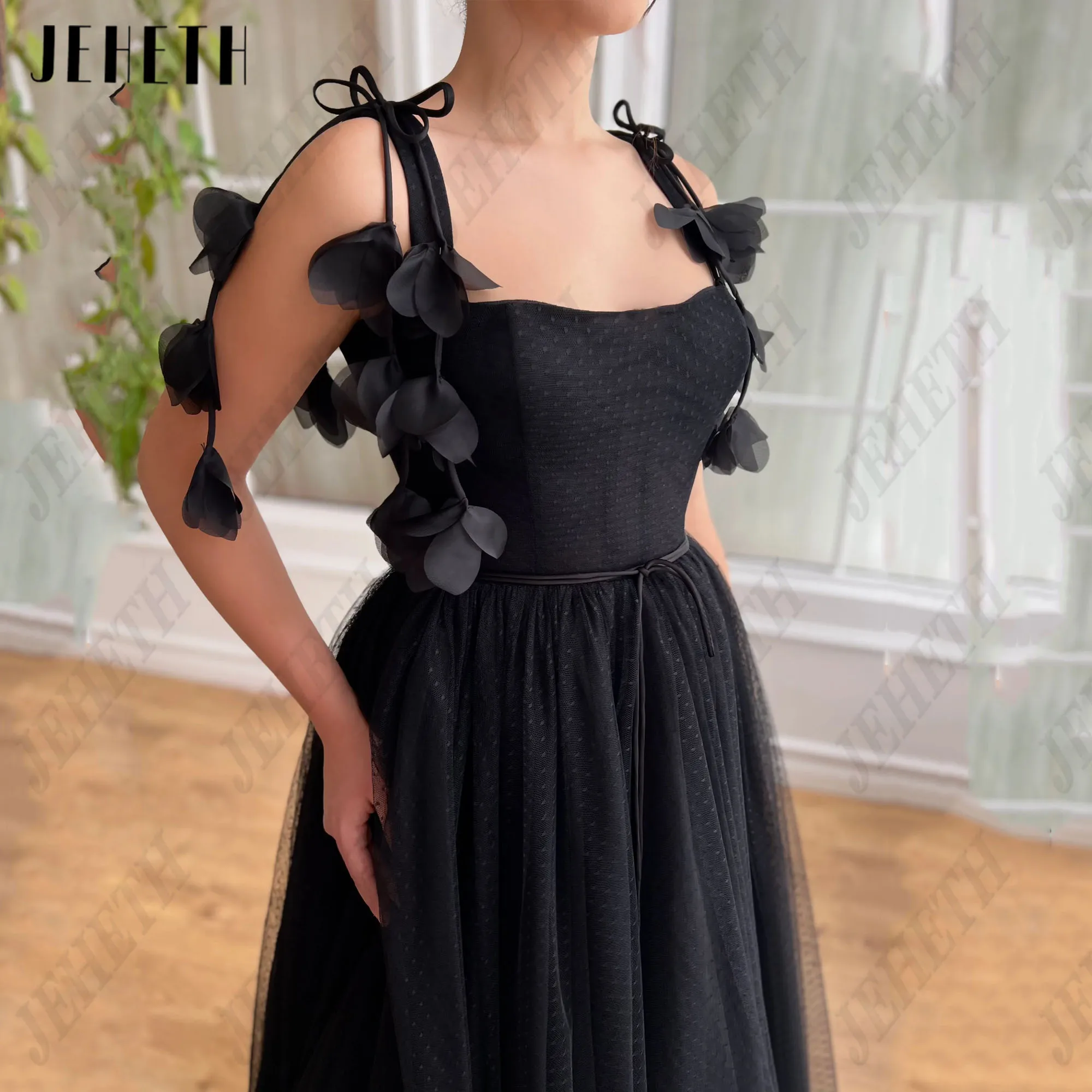 JEHETH Black Sleeveless Prom Dress For Woman Tulle A-Line Strapless Zipper Back Elegant Evening Gowns Vestidos De Gala Custom