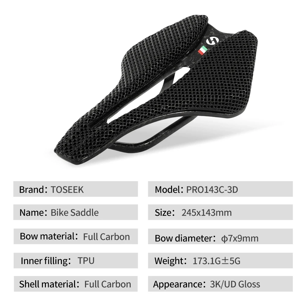 TOSEEK 3D Printed Bicycle Saddle T800 Carbon Saddles Hollow Comfortable Seat Cushion for MTB XC Road Gravel Racing Bikes Cycling